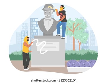 Street hooligans, graffiti painters in hoodie, face mask damaging monument in city public park, flat vector illustration. Street vandals, gangsters painting bust sculpture with paint spray. Vandalism.