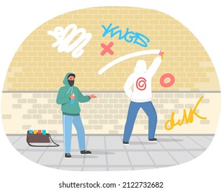 Street hooligans, graffiti painters wearing hoodies and face mask damaging public building, flat vector illustration. Street vandals painting brick wall with paint spray. Vandalism.