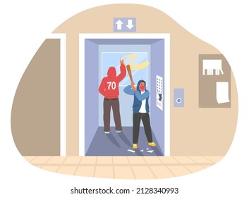 Street hooligans, graffiti painters wearing hoodies and face mask damaging public property, flat vector illustration. Street vandals painting elevator with paint spray, beating it with bat. Vandalism.