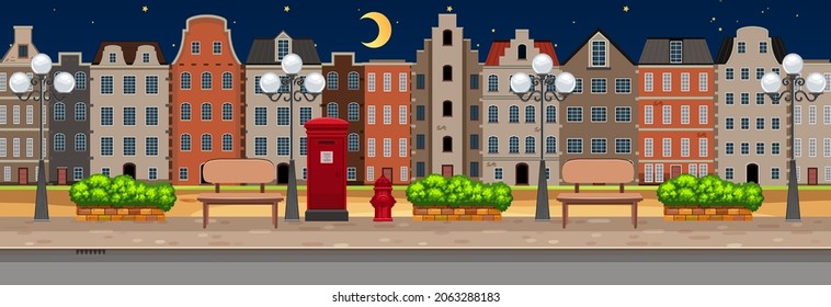 Street horizontal scene at night with many buildings background illustration