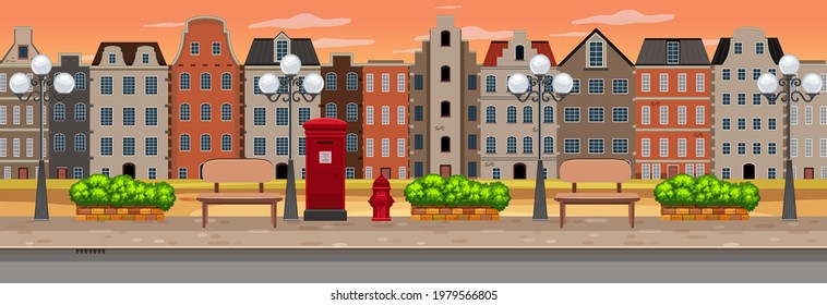 Street horizontal scene at sunset time with many buildings background illustration