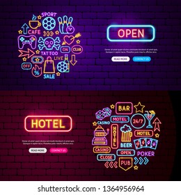 Street Hotel Bar Website Banners. Vector Illustration of Signs Promotion.