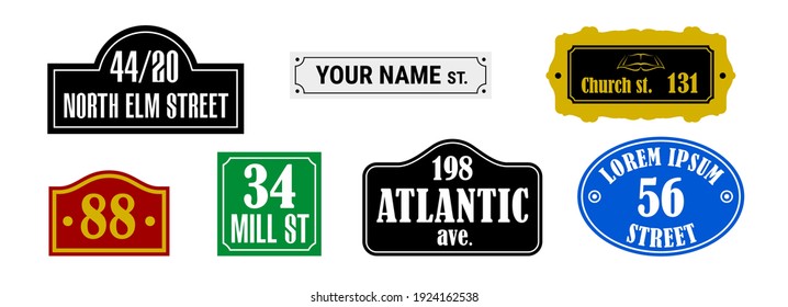 Street house number name plate set. Flat vector illustration isolated on white. svg