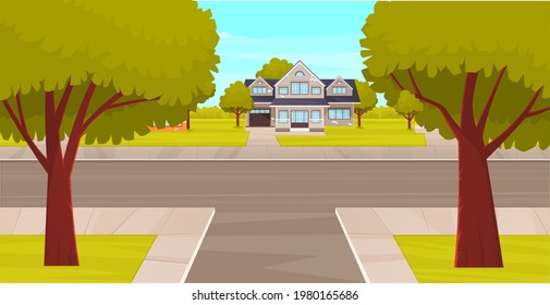 Street with house, plants and asphalt road. Roadway with sidewalk near residental building. Landscape with nature and driveway. Natural landscape around highway. Exterior of large building, house