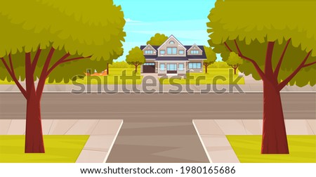 Street with house, plants and asphalt road. Roadway with sidewalk near residental building. Landscape with nature and driveway. Natural landscape around highway. Exterior of large building, house