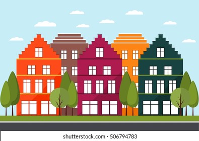 Street and house. Town scene with row of houses along the street. Vector illustration.