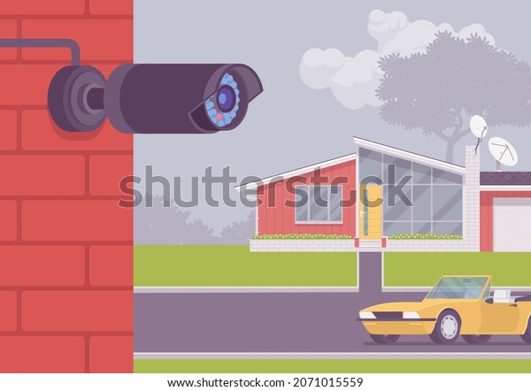 Street house wall CCTV, outdoor bullet\
camera, closed circuit television system equipment. Home security\
technology, professional video surveillance, control. Vector flat\
style cartoon\
illustration