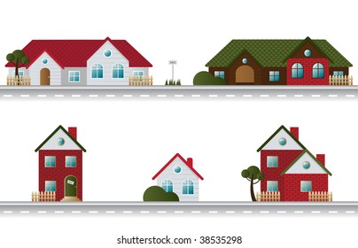 Street with houses in different architectural styles