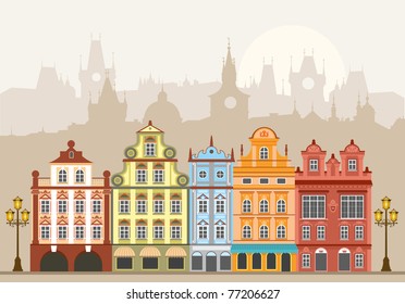 Street with houses in different architectural styles and colors. Detailed vector picture.