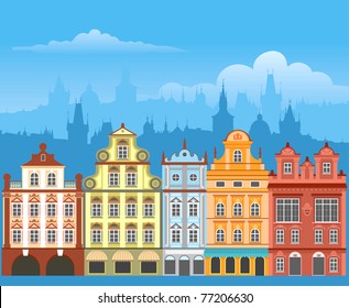 Street with houses in different architectural styles and colors. Detailed vector picture.