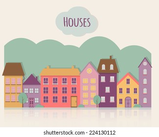 Street With Houses. Flat Style Vector Illustration.