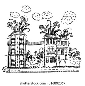 Street from houses with funny colors on a rooftop, bridge and garden sketch Doodle Vector Illustration
