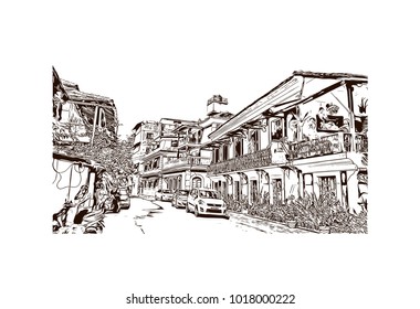 Street with houses in Goa, India. Hand drawn sketch illustration in vector.