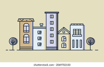 Street Houses line art concept. Daytime Townscape. Urban Landscape with Buildings, Trees. Vector illustration