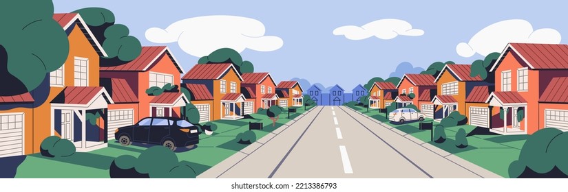 Street with houses at suburban residential district. Home buildings, road in small town. Real estate in suburbs. Suburbia landscape, outskirts panorama in perspective. Flat vector illustration