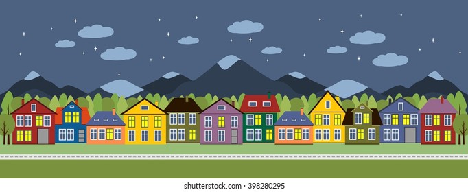 Street And Houses. Town Scene With Row Of Houses Along The Street At Night. Houses On The Background Of Mountains. Vector Illustration Of Urban Landscape In Flat Style.