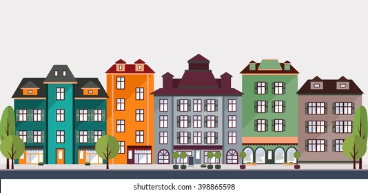 Street And Houses. Town Scene With Row Of Houses Along The Street With Shops And Cafes. Vector Illustration Of Urban Landscape In Flat Style.