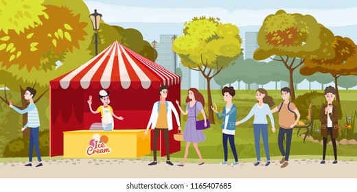 Street ice cream cafe queue color illustration. Smiling people in city park waiting for ice cream.Flat characters. Street cafe coffee to go. Autumn landscape. Vector cartoon banner design