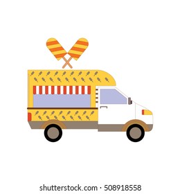 Street ice cream truck, food caravan. Ice cream van delivery. Flat icon transport. Vector illustration