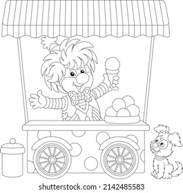 Street ice-cream cart with a merry circus clown vendor and a cute little pup, black and white outline vector illustration for a coloring book page