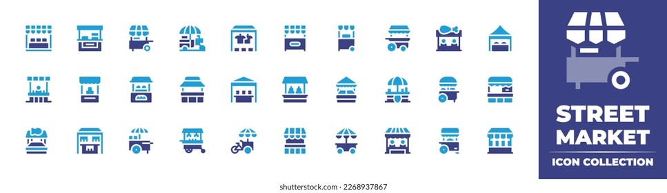 Street icon collection. Duotone color. Vector illustration. Containing food stall, stand, snack booth, clothes, food cart, chicken, market, bakery, food stand, fish market, pareo, stall.