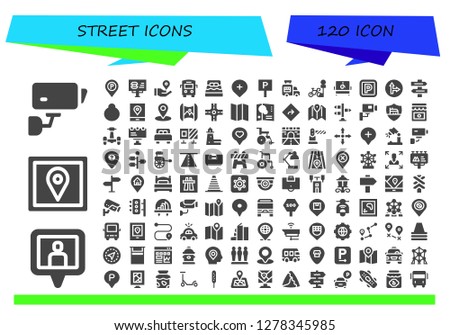 street icon set. 120 filled street icons. Simple modern icons about  - Cctv, Location pin, Gps, Parking sign, Billboard, Bus, Bed, Parking, Ice cream van, Disabled, Traffic signal