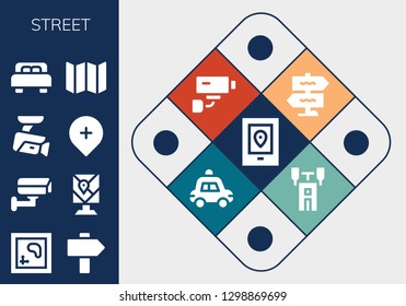  street icon set. 13 filled street icons. Simple modern icons about  - Gps, Map, Sign, Cctv, Bed, Signpost, Security camera, Police car, Semaphore