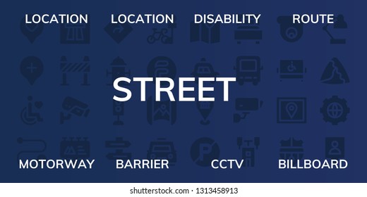street icon set. 32 filled street icons. on blue background style Simple modern icons about  - Location, Disability, Route, Motorway, Barrier, Cctv, Billboard, Direction, Hydrant