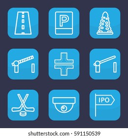 street icon. Set of 9 outline street icons such as tunnel, road, barrier, parking, road barrier, direction, hockey