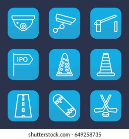 Street icon. set of 9 outline street icons such as cone barrier, tunnel, security camera, road, barrier, direction, hockey