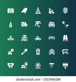 street icon set. Collection of 25 filled street icons included Billboard, Route, London eye, Parking, Cctv, Tuk tuk, Taxi, Gps, Sign, Road, Bus, Police car, Food truck, Direction