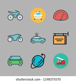 street icon set. vector set about police car, car, speedometer and motorcycle icons set.