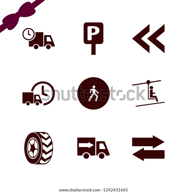 street icon. street
vector icons set parking sign, left right arrows, man on cable car
and fast delivery truck