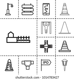 Street icons. set of 13 editable outline street icons such as direction   isolated, tunnel, road, cone, route and phone, street lamp, avenue, direction, cone barrier