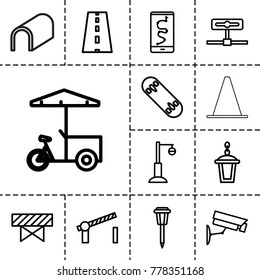Street icons. set of 13 editable outline street icons such as barrier, fast food cart, route and phone, street lamp, road, camera, road barrier, skate board, security camera