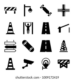 Street icons. set of 16 editable filled street icons such as cone barrier, barrier, road, street lamp, security camera, skate board, direction   isolated, tunnel