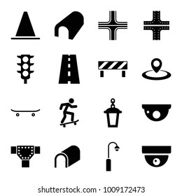 Street icons. set of 16 editable filled street icons such as tunnel, road, security camera, street lamp, traffic light, skateboard, barrier, map location