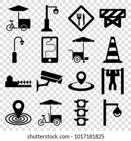 Street icons. set of 16 editable filled street icons such as barrier, map location, fast food cart, street lamp, bar   tightening, avenue, restaurant, security camera