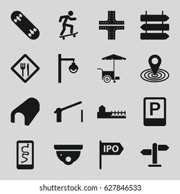 Street icons set. set of 16 street filled icons such as direction   isolated, tunnel, road, security camera, map location, fast food cart, avenue, barrier, parking, restaurant