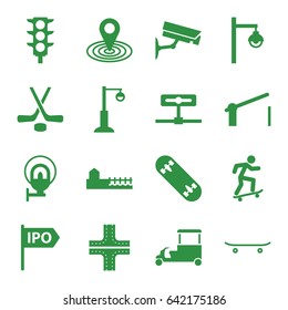 Street icons set. set of 16 street filled icons such as road, map location, fast food cart, street lamp, traffic light, avenue, barrier, skateboard, hockey, skate board