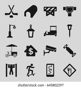 Street icons set. set of 16 street filled icons such as barrier, tunnel, road, fast food cart, street lamp, bar   tightening, restaurant, hockey, skate board, skateboard
