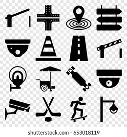 Street icons set. set of 16 street filled icons such as direction   isolated, road, security camera, map location, cone, fast food cart, barrier, street lamp, road barrier