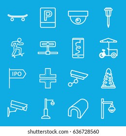 Street icons set. set of 16 street outline icons such as tunnel, road, fast food cart, street lamp, parking, security camera, direction, skateboard, camera