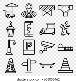 Street icons set. set of 16 street outline icons such as barrier, tunnel, road, map location, cone, fast food cart, street lamp, avenue, parking, security camera, direction