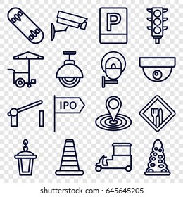 Street icons set. set of 16 street outline icons such as cone barrier, tunnel, map location, fast food cart, street lamp, traffic light, barrier, parking, restaurant
