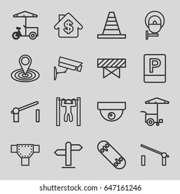 Street icons set. set of 16 street outline icons such as barrier, road, map location, cone, fast food cart, bar   tightening, parking, street lamp, direction, security camera