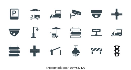 Street icons. set of 18 editable filled street icons: direction   isolated, road, security camera, fast food cart, street lamp, camera, barrier, parking
