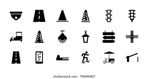 Street icons. set of 18 editable filled street icons: direction   isolated, tunnel, security camera, fast food cart, route and phone, street lamp, road, traffic light, avenue