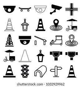 Street icons. set of 25 editable filled and outline street icons such as cone barrier, road, map location, cone, security camera, fast food cart, street lamp, barrier, tunnel