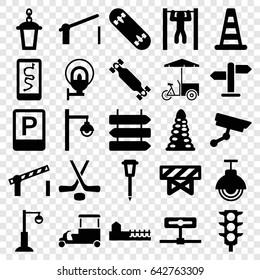 Street icons set. set of 25 street filled icons such as direction   isolated, cone barrier, barrier, tunnel, fast food cart, street lamp, bar   tightening, traffic light